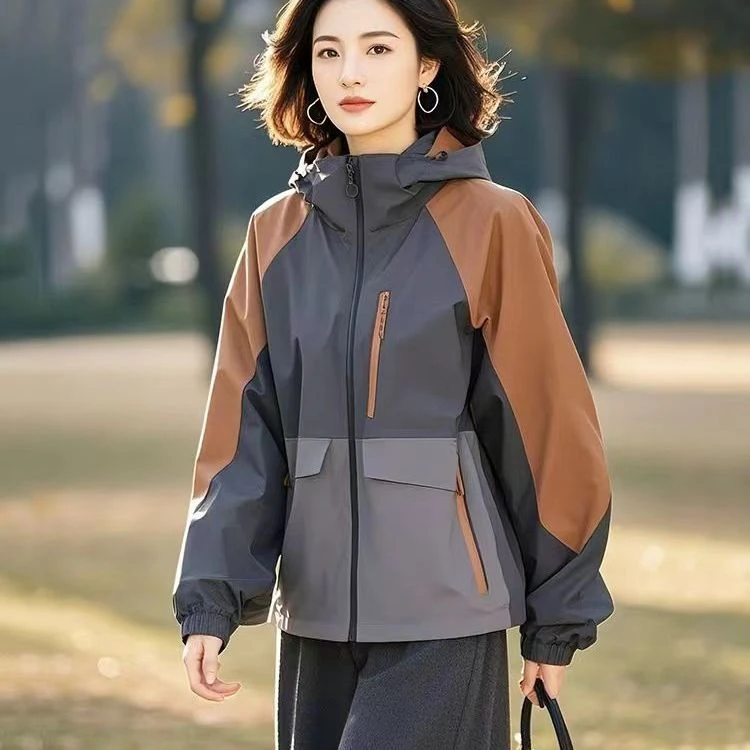 九牧王男裤专家休闲拼色连帽冲锋衣外套女春秋新款韩版宽松时尚百