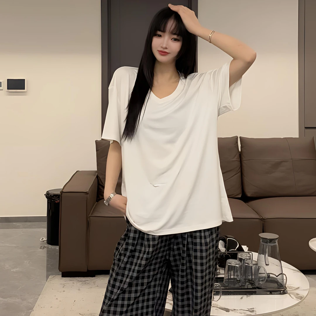 倪不叶【大版面膜V领T恤】慵懒风遮肉显瘦新款品质女上衣宽松舒适
