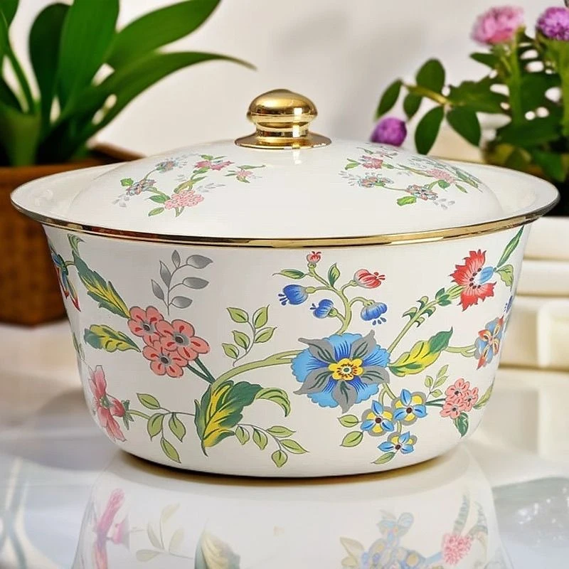 【22厘米】家用金色包边盖盆和面调馅盆搪瓷带盖加厚老式怀旧搪瓷盆