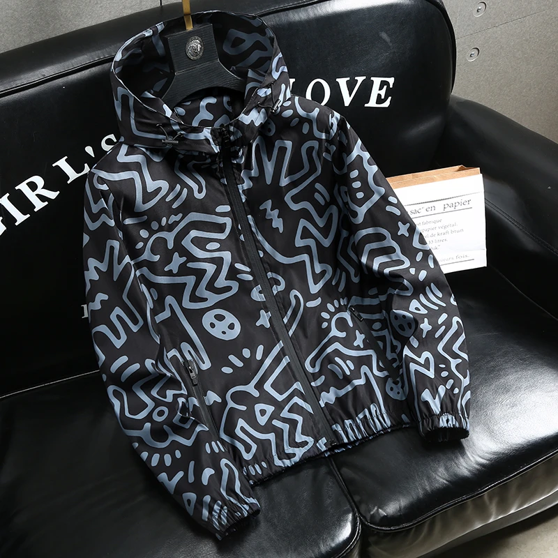 2025薄款夹克韩版男士迷彩春秋男装减龄秋季春季潮流印花休闲连帽