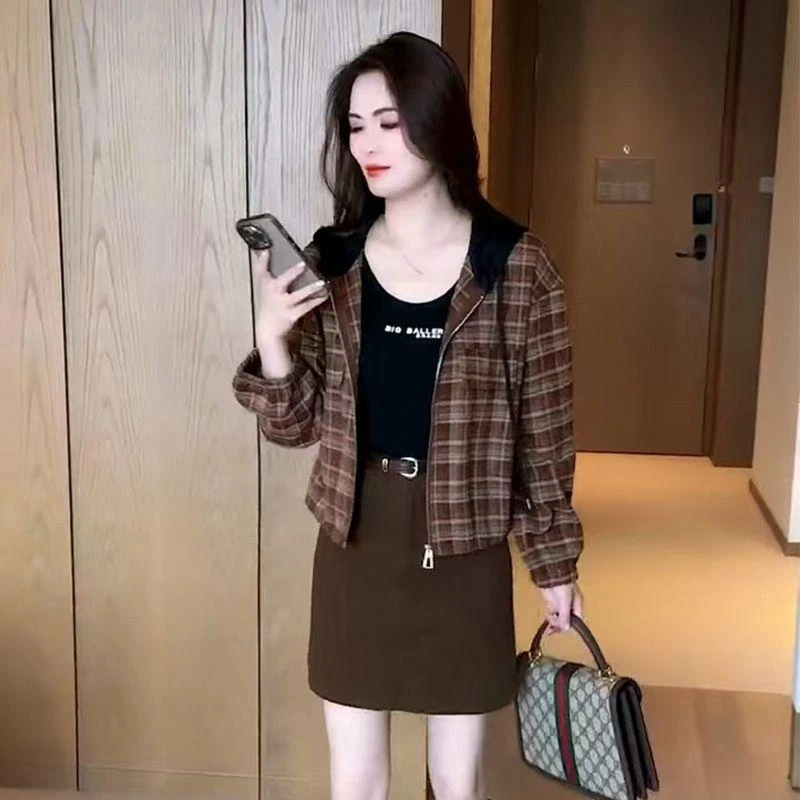 欧货格子短款连帽外套女春秋季时尚拼接宽松休闲气质长袖帽衫上衣