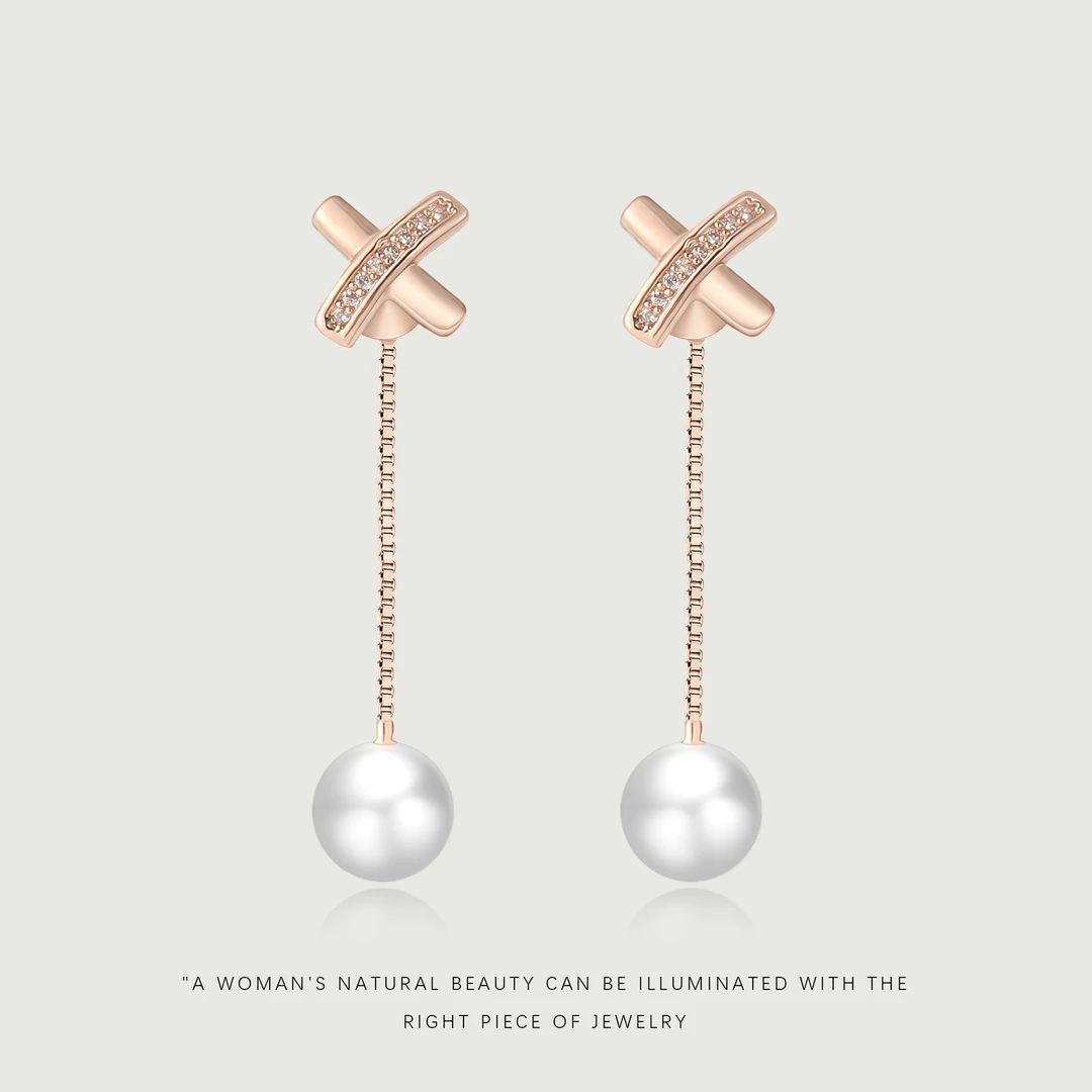 铜合金合成锆石耳饰 【交叉珍珠】法式气质百搭耳钉A831