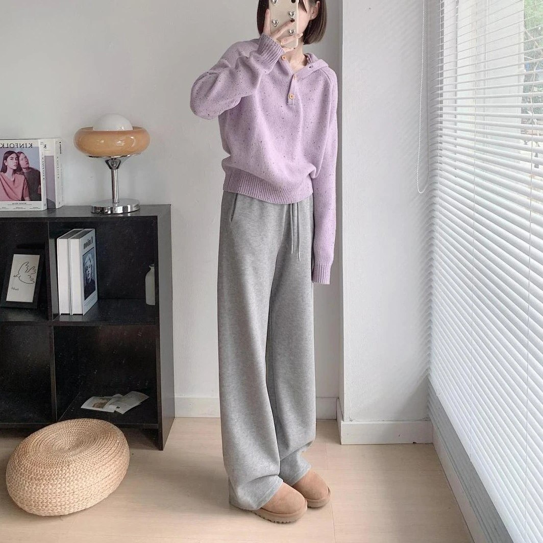 韩系高级感紫色chic套装女2025秋季新款连帽毛衣灰色休闲裤两件套