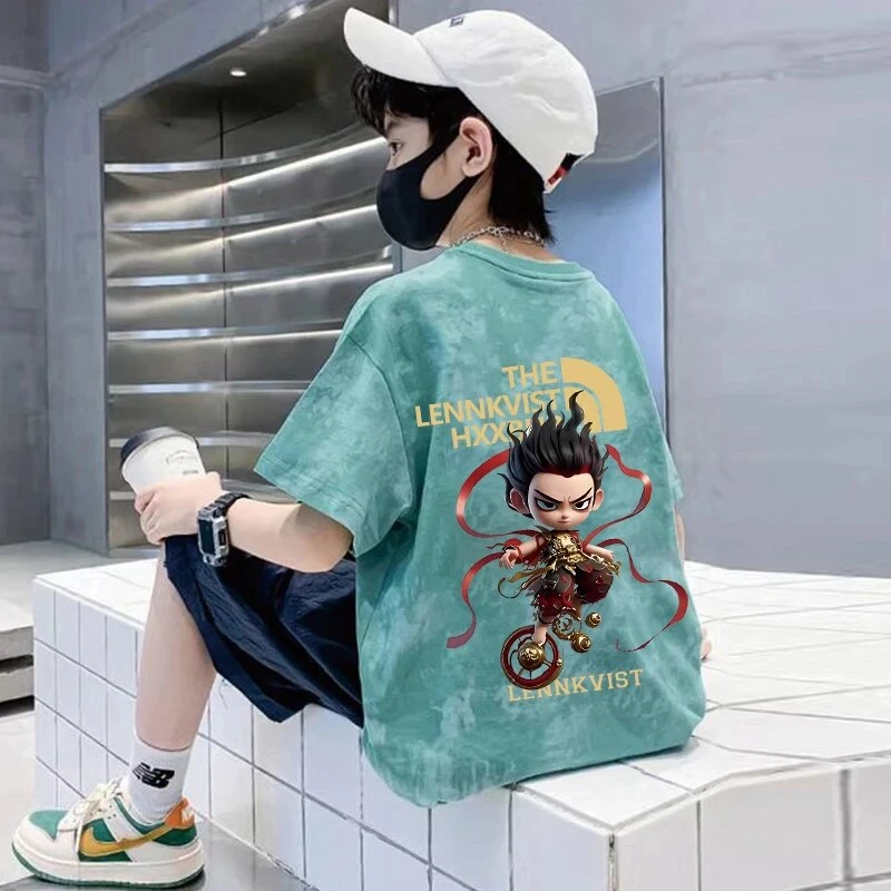 2025夏装新款儿童哪吒扎染短袖T恤童装纯棉印花潮流男女童上衣潮