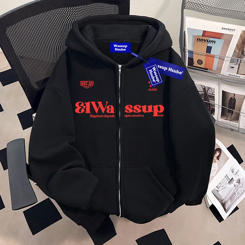 WASSUP HSUBE美式国潮牌开衫连帽卫衣重磅潮流百搭慵懒风上衣外套