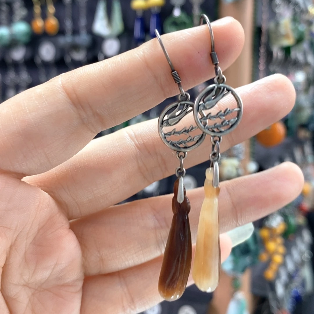 和田玉银S925镶嵌耳饰