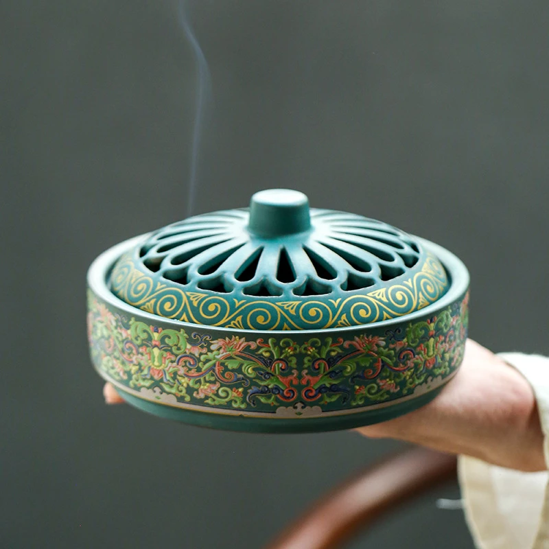 珐琅彩大号陶瓷蚊香炉家用室内熏香炉蚊香托盘檀香炉香篆香薰炉