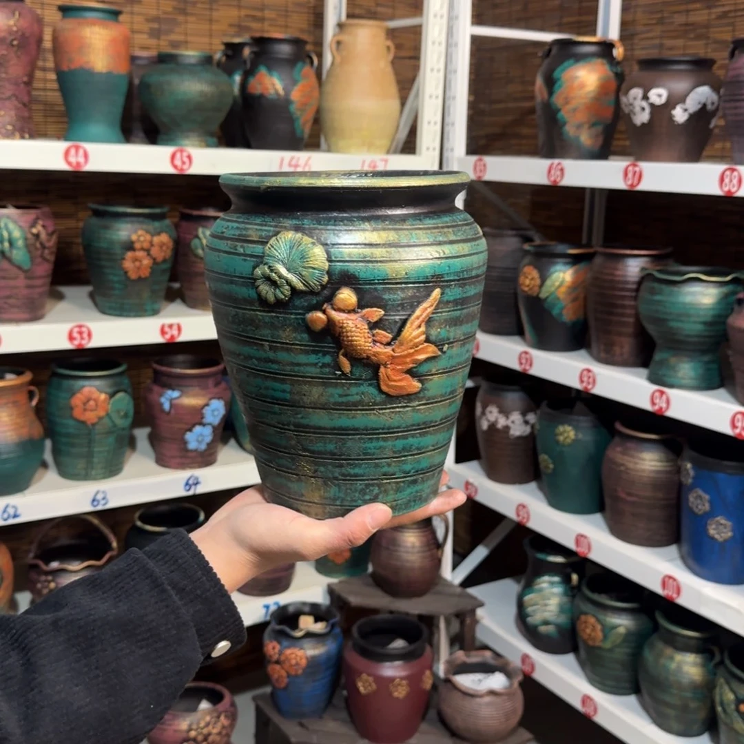 红陶红陶浮雕花盆炸炸炸