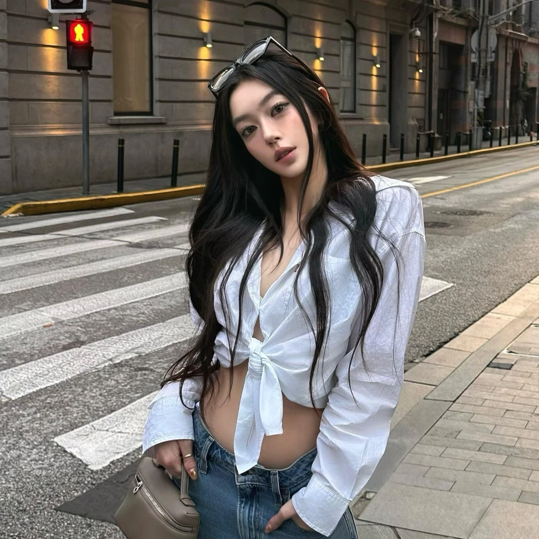 纯欲短款显瘦白色衬衫女装秋季辣妹绑带短款长袖衬衣收腰chic上衣