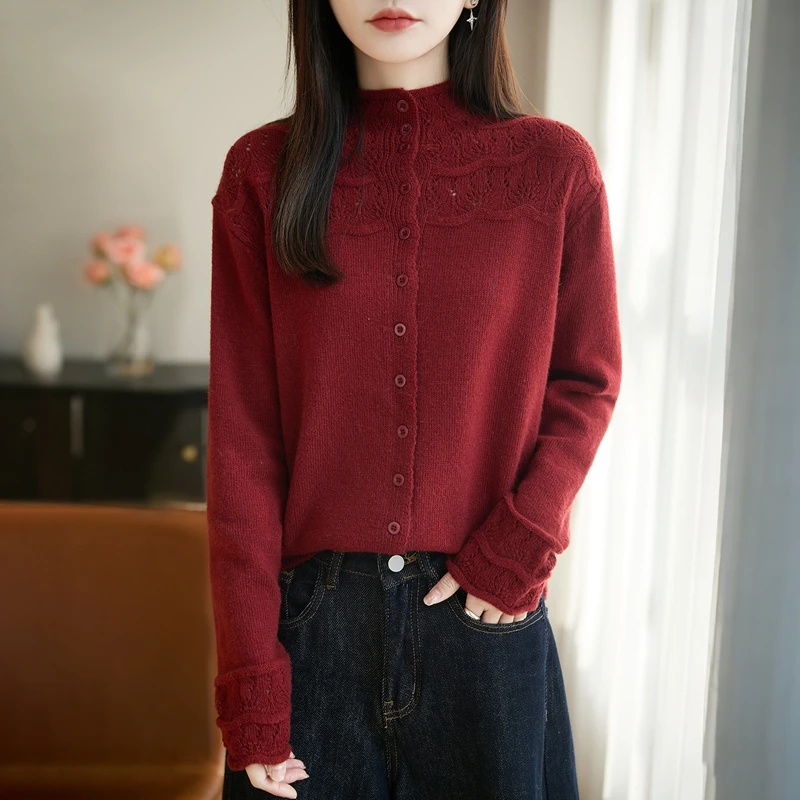 品牌时尚女装半高领镂空纯色新中式毛针织衫设计感毛衣开衫上衣