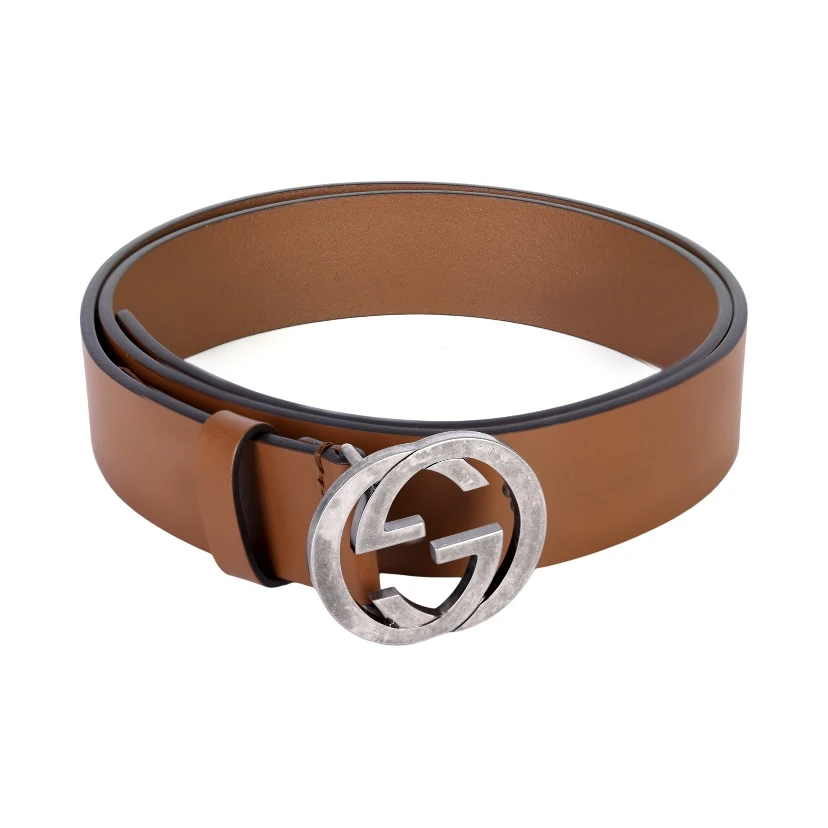 未使用 GUCCI/古驰 男款双G扣头腰带棕色做旧款男士时尚休闲