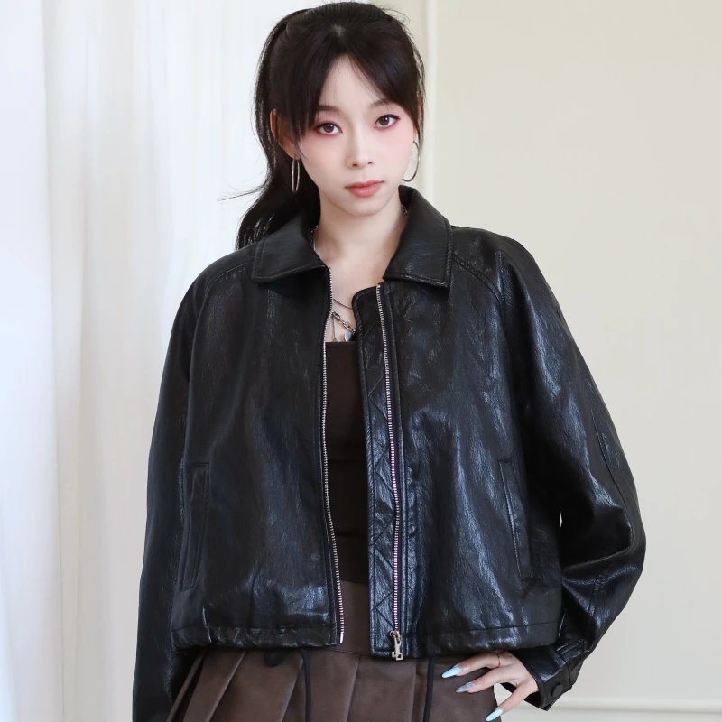 海宁韩版东大门女士皮衣休闲长袖气质短款百搭秋季皮衣外套8819