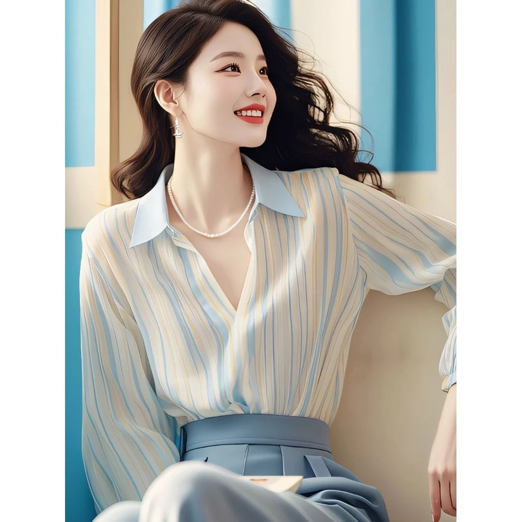 时尚洋气休闲条纹翻领长袖衬衫女2025春夏别致减龄显瘦百搭衬衣