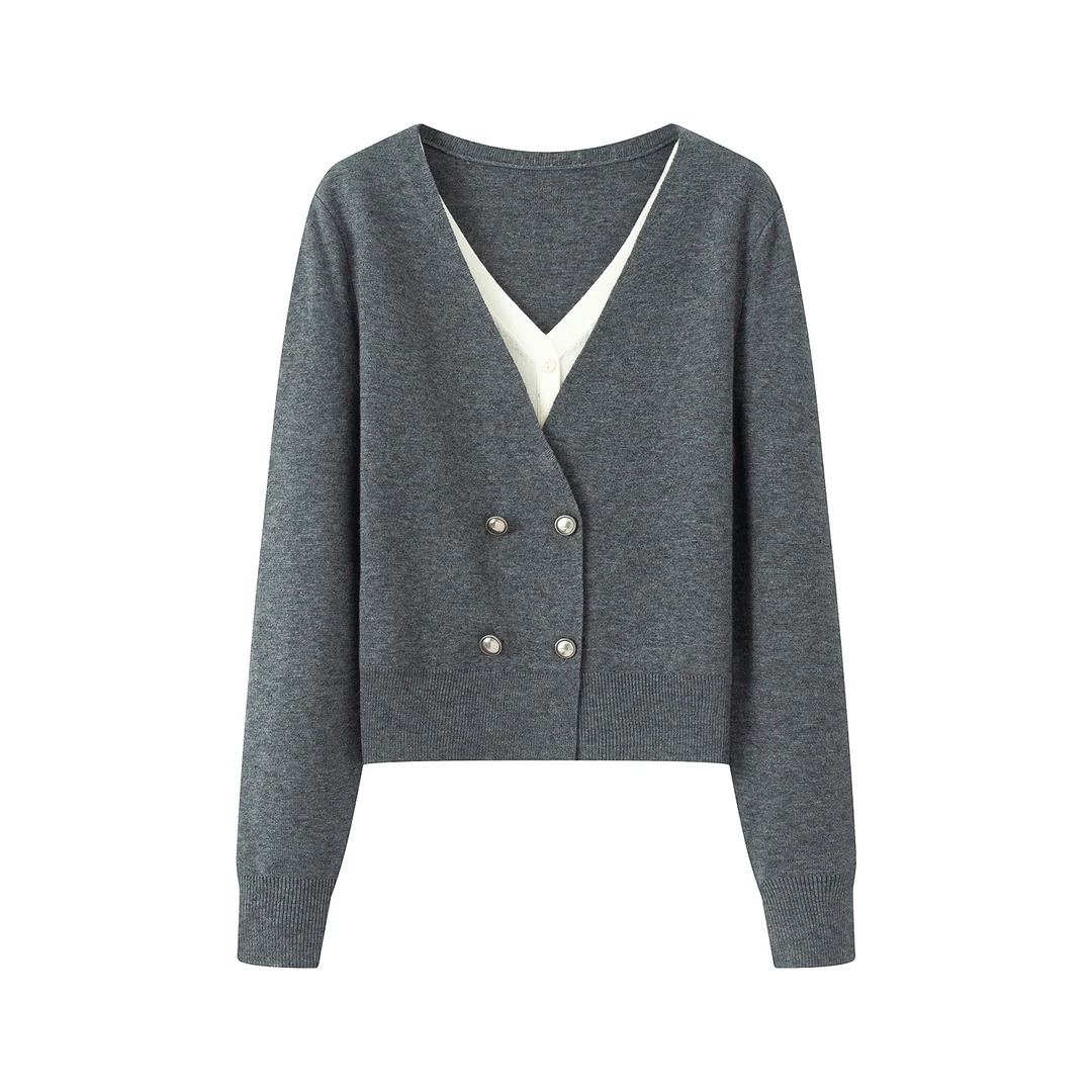 2025秋季新款时尚百搭宽松假两件针织衫上衣女7152