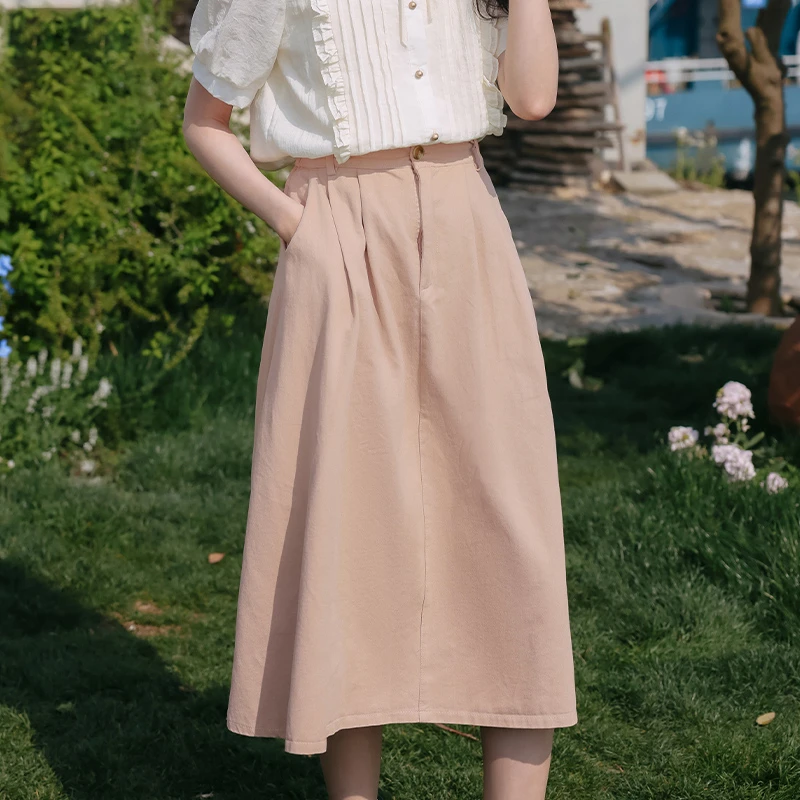 【主播穿粉色】复古气质半身裙女2025春款小个子高腰中长款a字裙