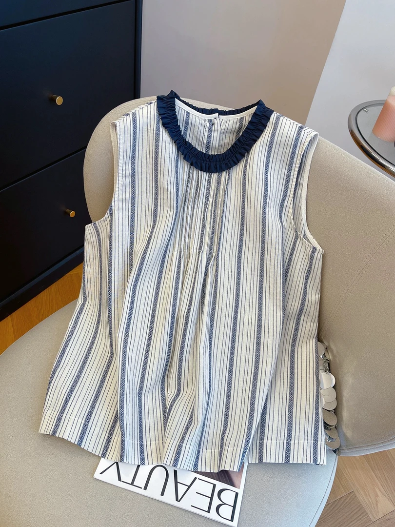 条纹无袖背心衬衫女外穿2025新款夏季独特洋气别致小衫高级感上衣