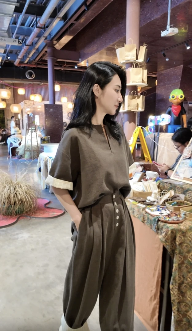 2507082【壁虎姐】GECKO夏季新款 咸菜绿圆领薄款短袖T恤哈伦裤套装