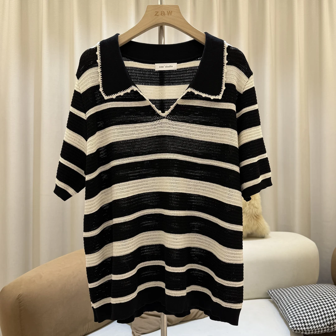 zaw大码娃娃领条纹针织衫女2025新款短袖上衣胖mm洋气遮肉/25168