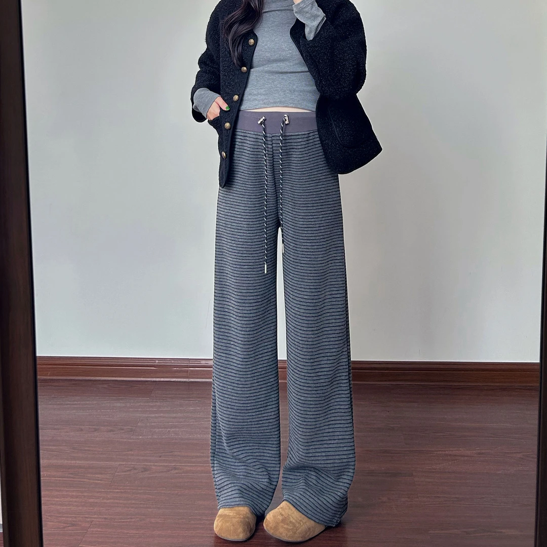 孕妇裤子秋冬外穿孕期阔腿裤新款不勒肚慵懒条纹春秋打底长裤冬装