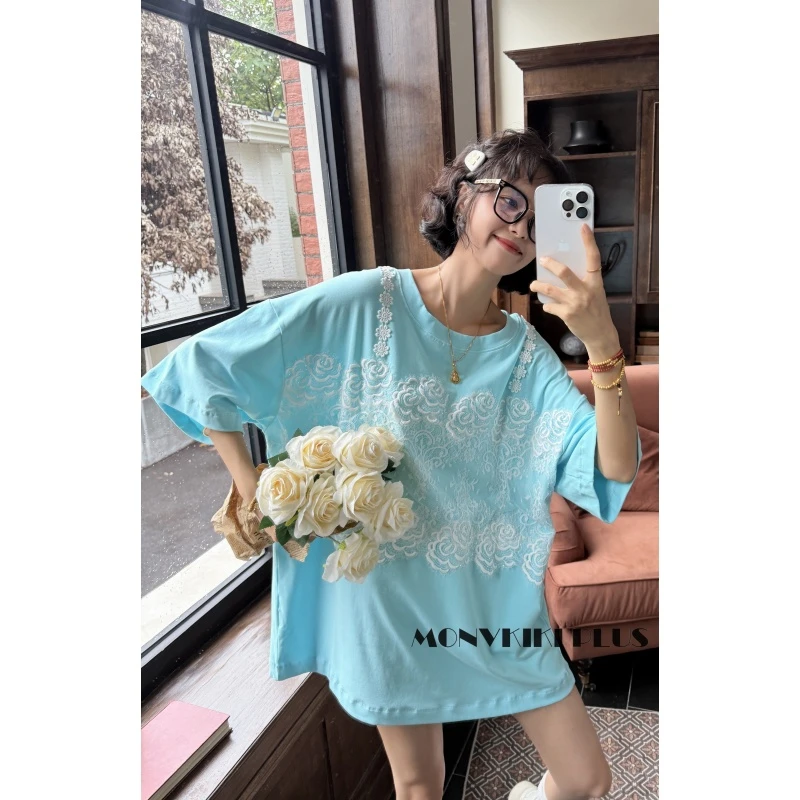 MoNvKiKiPlus5【栀子花】重工蕾丝拼接高级感短袖T恤显瘦H077