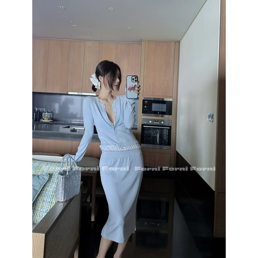 FORNI 多彩MIU式少女水洗棉花边双腰头MIU风直筒半身裙