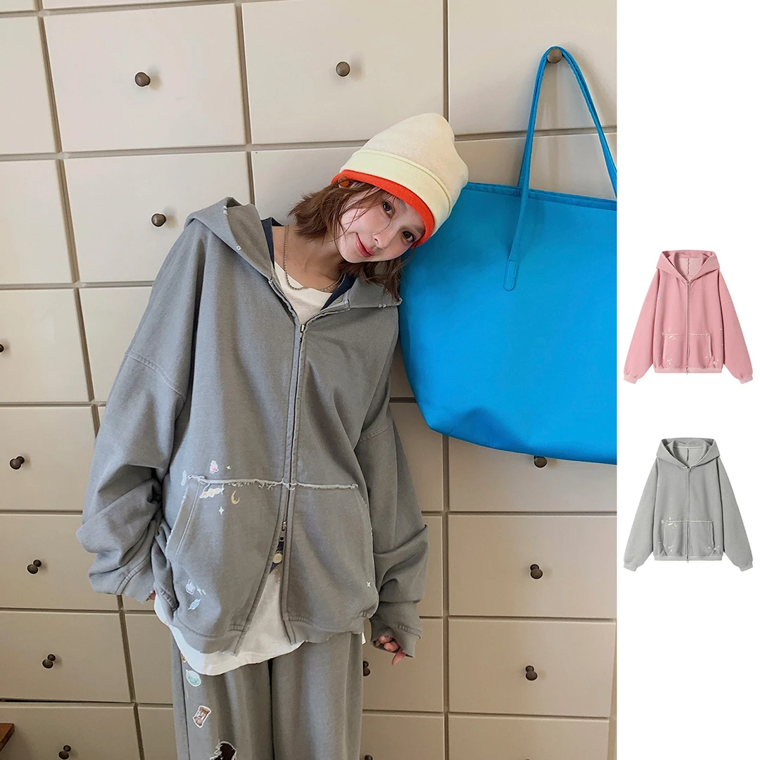 REREK设计师做旧贴纸印花宽松休闲连帽卫衣R25C06120157