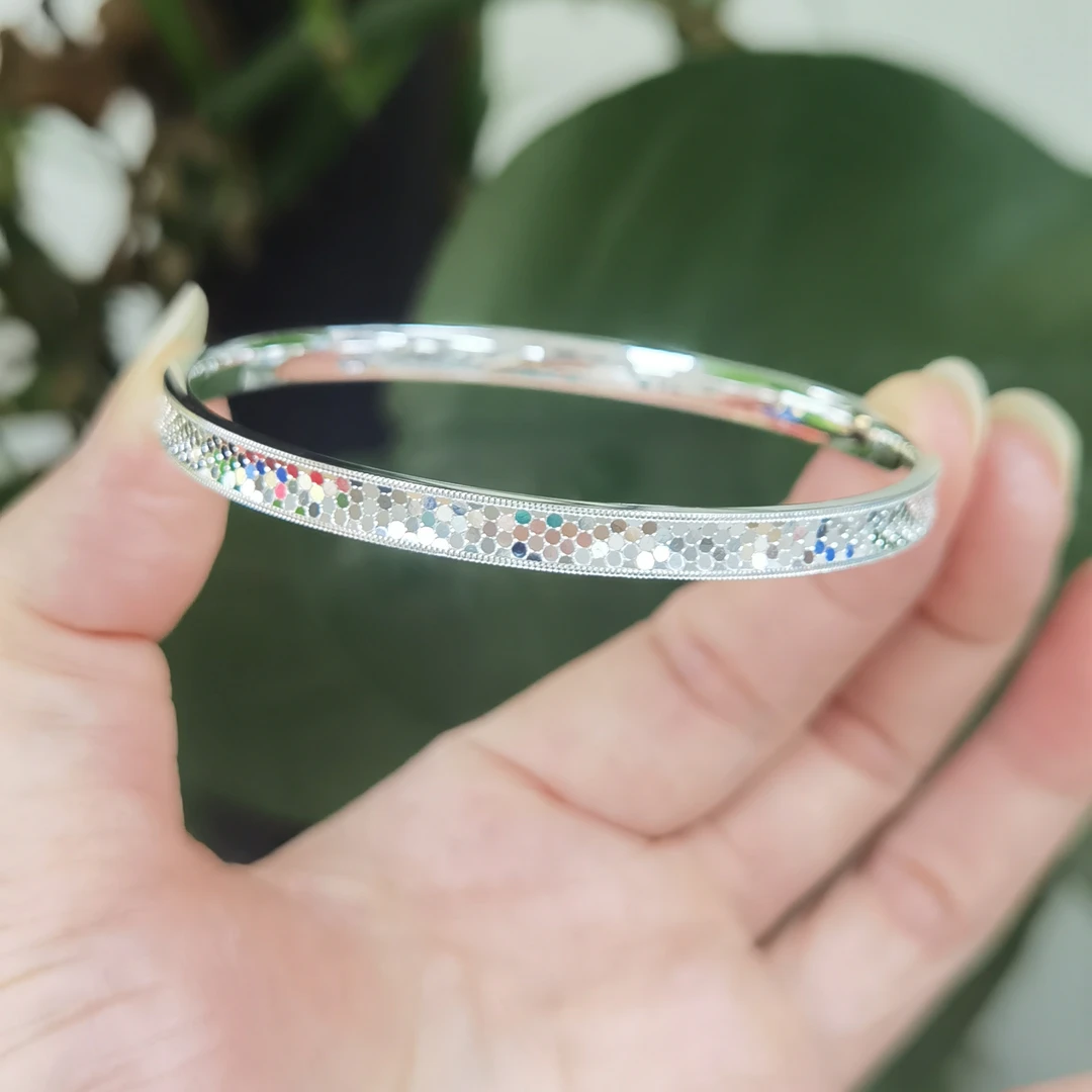 足银手镯 足银999.9凹面龙鳞实心闭口年轻时尚百搭款手工爆闪手镯