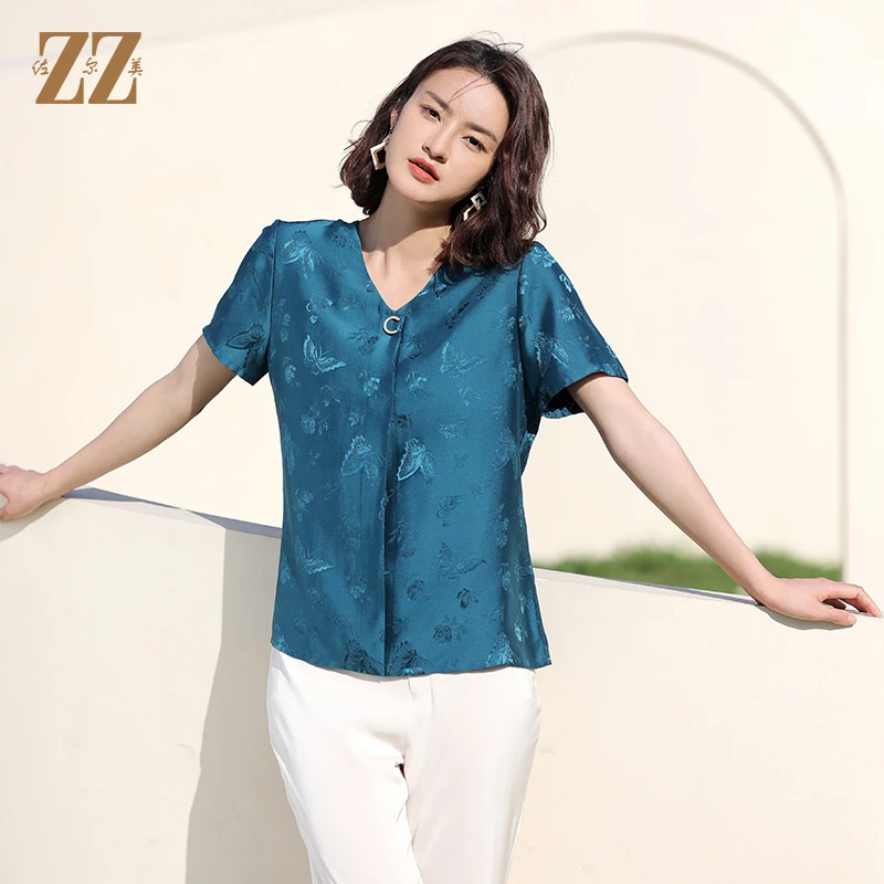 佐尔美夏季新款桑蚕丝真丝时尚提花缎衬衫气质衬衣上衣女E12CS70