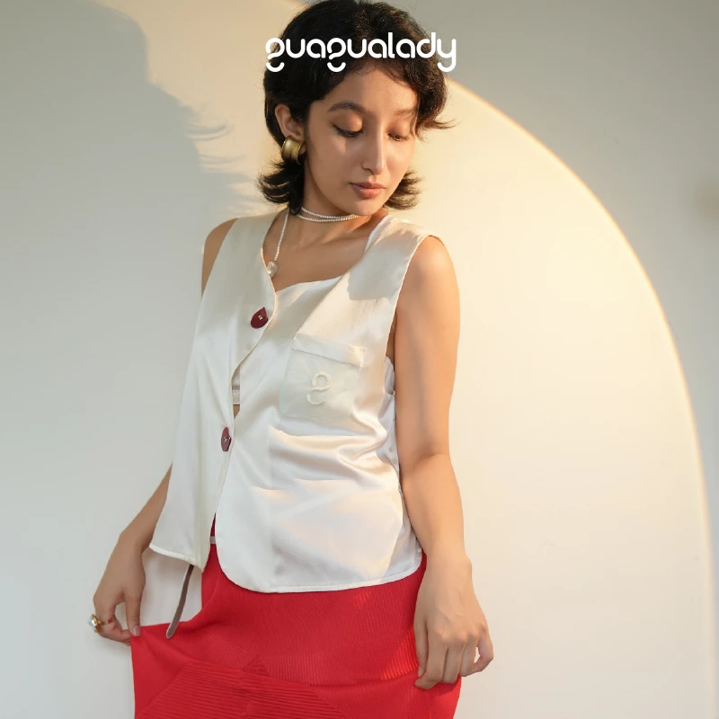 GUAGUALADY糖果扣 真丝睡衣背心桑蚕丝女士可外穿马甲无袖家居服