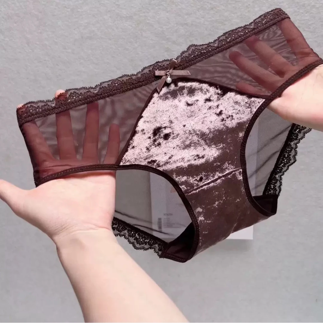 内裤女性感蕾丝网纱欧美复古丝绒中腰无痕包臀女士三角裤