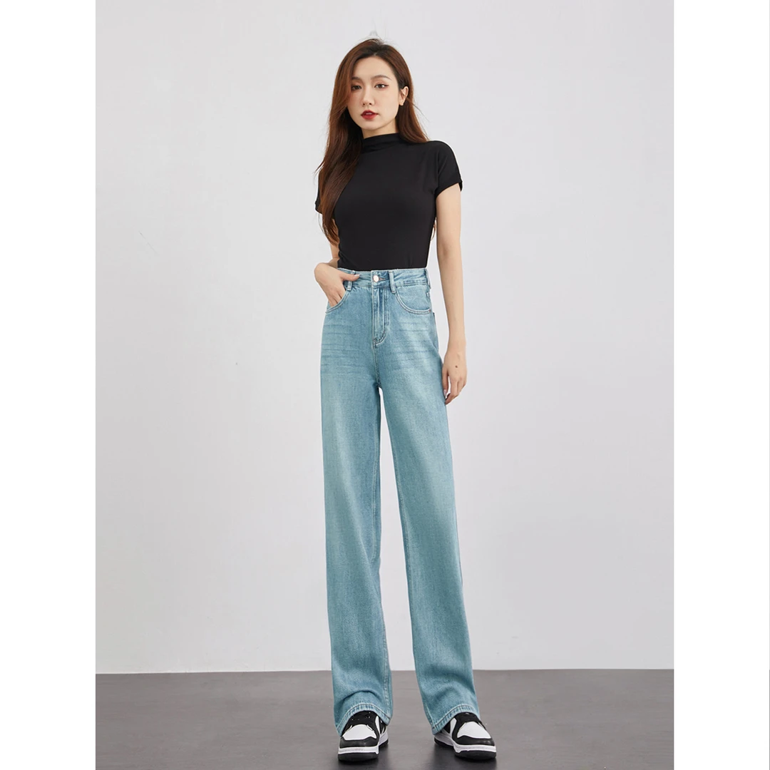 夏季新款（浅蓝四面弹）高腰显瘦遮肉窄版直筒牛仔女裤