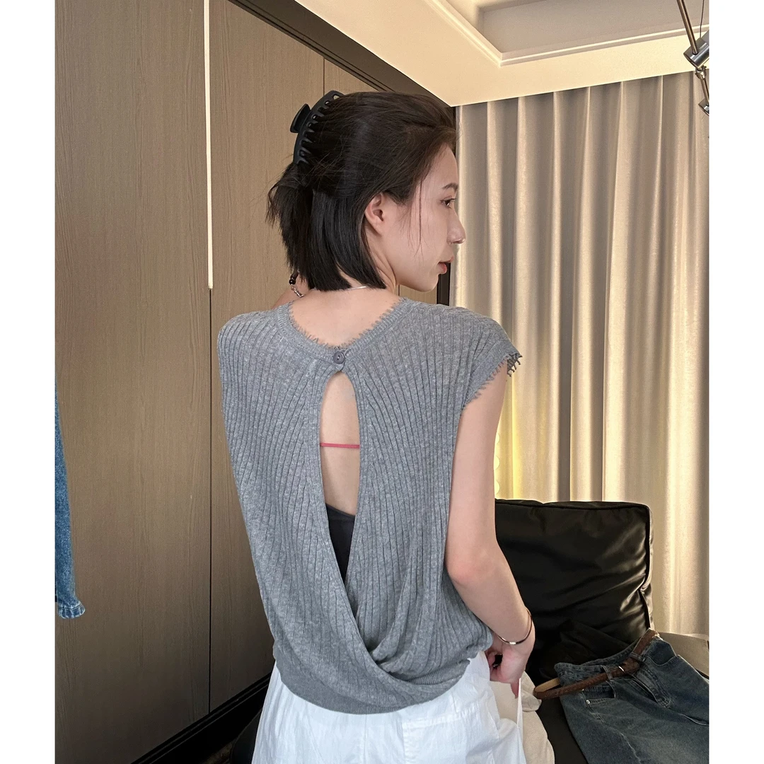 【XXZ】小心机镂空露背圆领冰丝针织背心女夏季简约无袖坎肩上衣