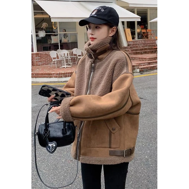 绒外套女冬季新款加厚短款羊羔拼接外套机车夹克棉服