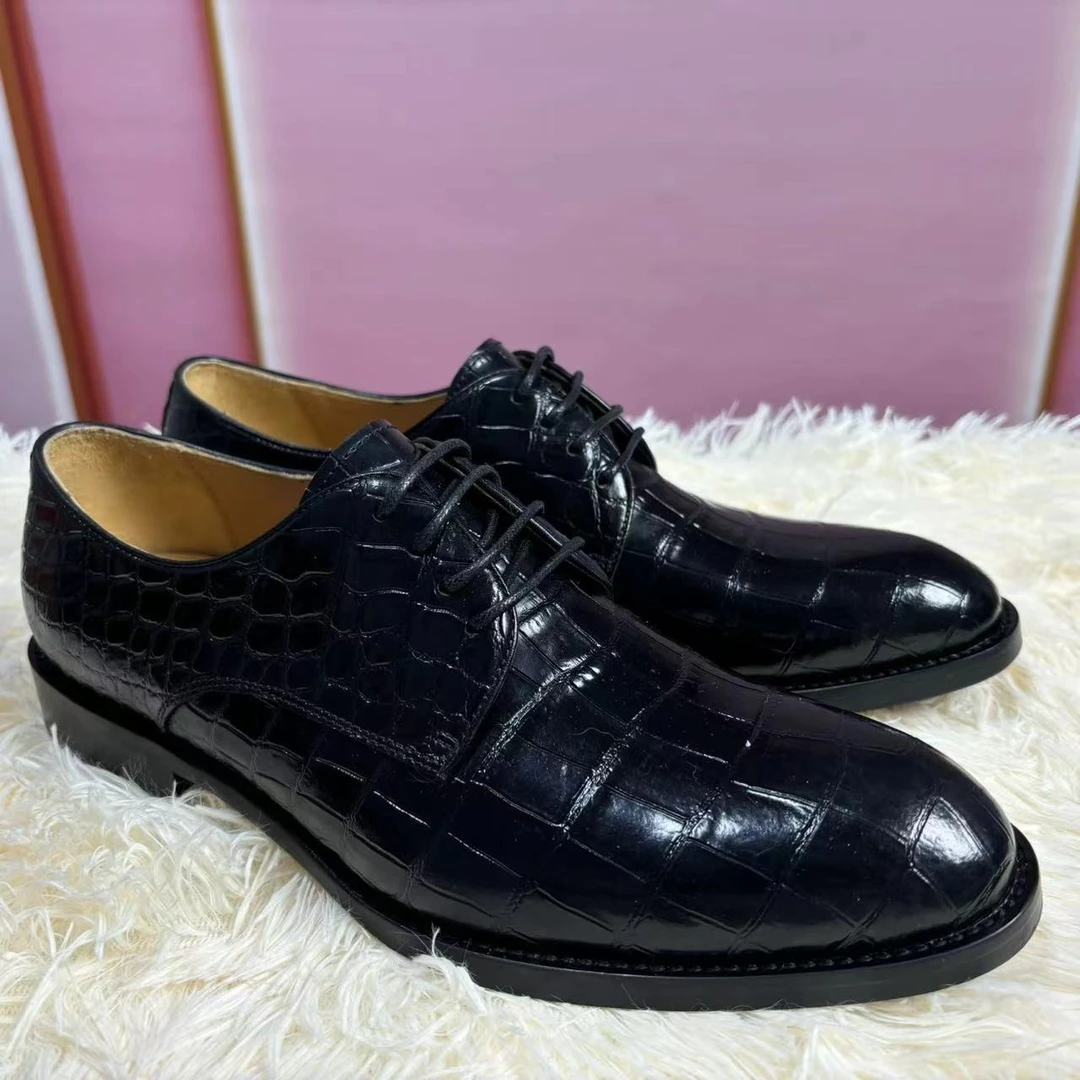 男士正装外尔鞋固特异手工真皮带跟系带透气耐磨新郎鳄鱼皮鞋黑色