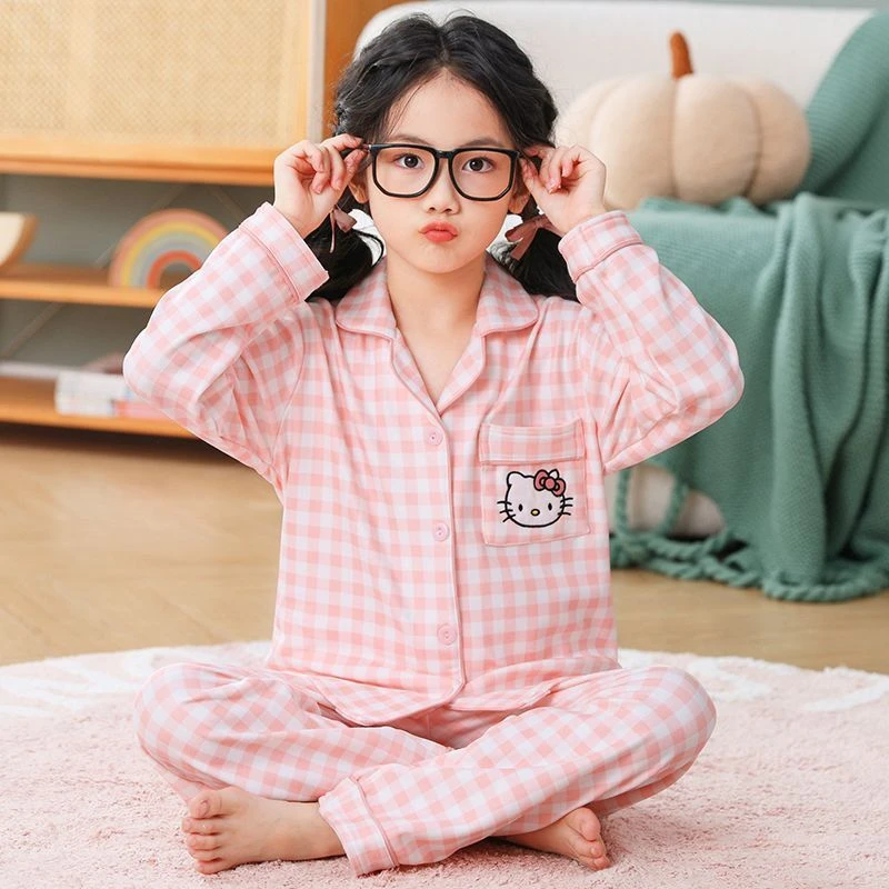 德绒【格子KT猫】秋冬季保暖卡通女童儿童睡衣翻领女孩家居服套装