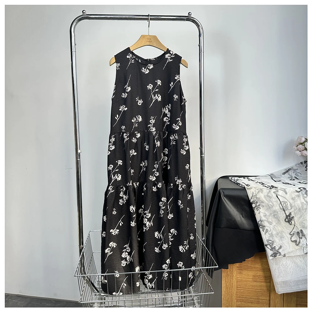 Q186     夏季新款女士宽松中长款花色圆领背心裙女