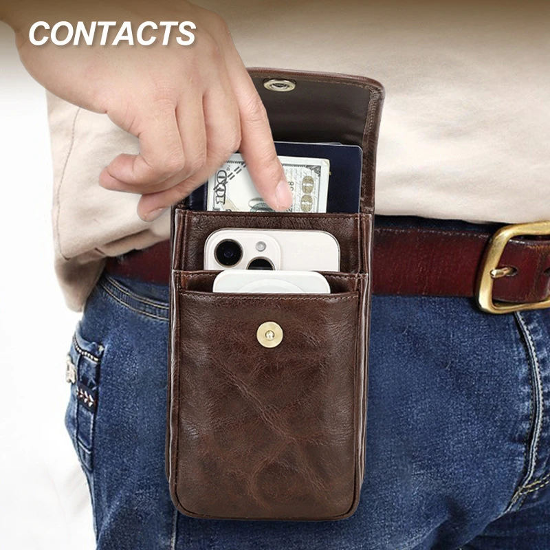 黑天使头层牛皮质感简约男士运动腰包竖款时尚翻盖真皮手机腰间包