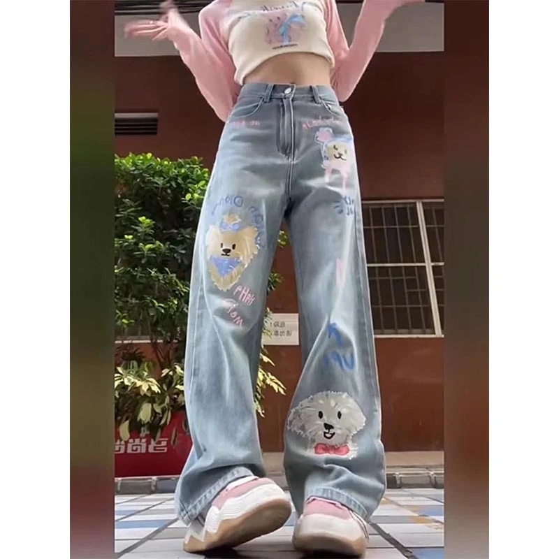 美式复古卡通小狗印花牛仔裤女春季高腰显瘦直筒宽松阔腿百搭裤子