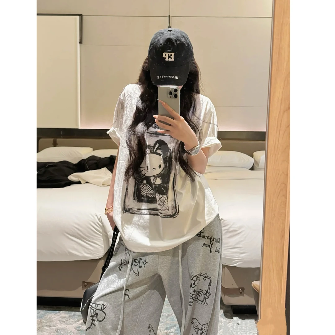 松弛喵喵酱慵懒宽松印花短袖T恤#9057