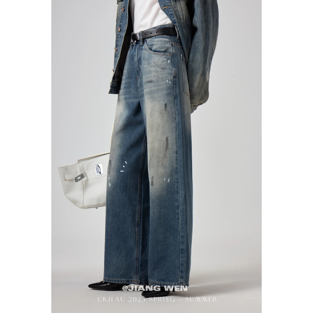 UKILAU【泼墨牛仔裤】高腰垂感设计感泼漆涂鸦阔腿牛仔裤