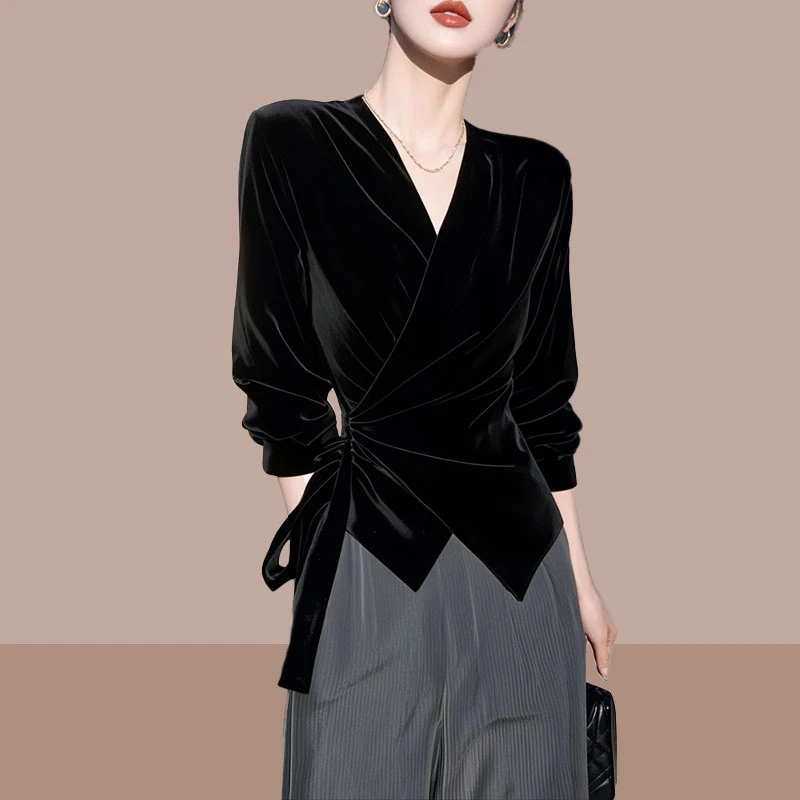 衬衣高级感不规则设计感洋气长袖衬衫女春季收腰绝美丝绒好看上衣