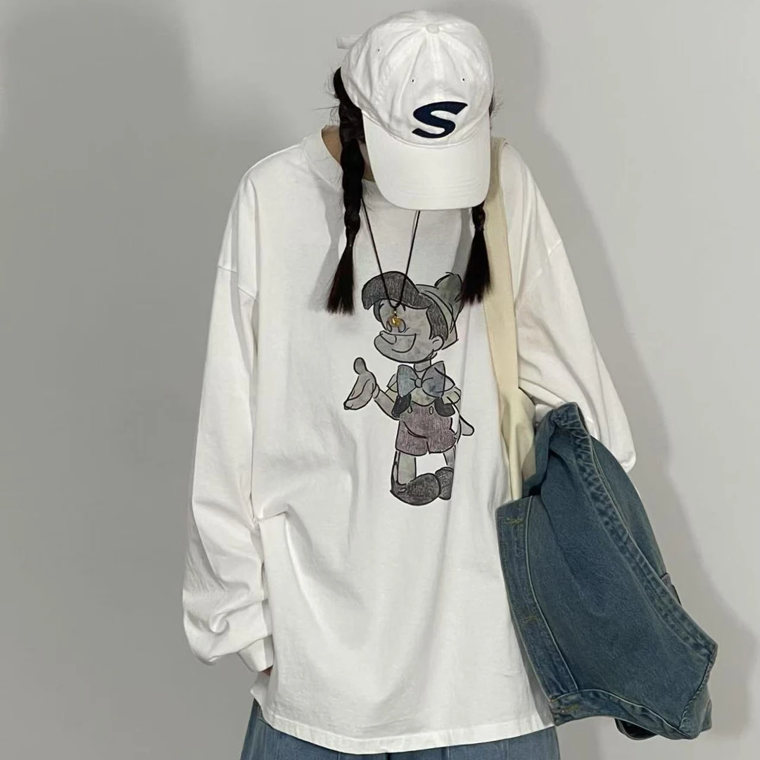 2025早春新款纯色百搭卡通印花圆领慵懒风宽松长袖T恤女922款