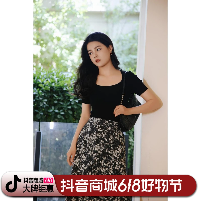 哥弟简约百搭修身显瘦正肩方领短袖针织上衣t恤1399728