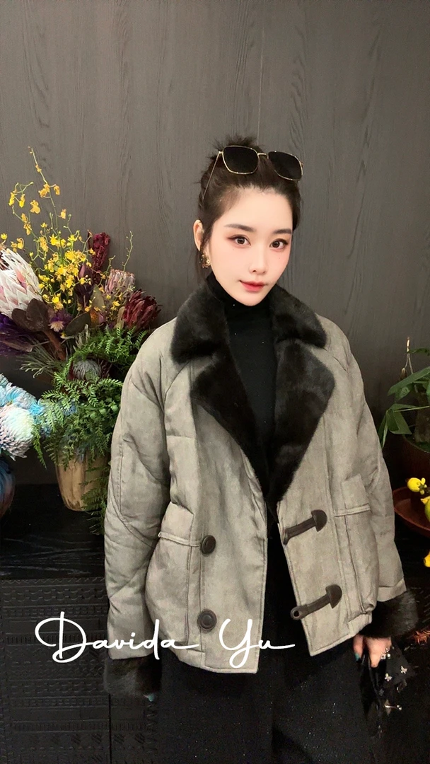 Davida Yu【琥珀】水貂绵羊皮亚麻鹅绒服外套轻奢气质大毛领 25-72