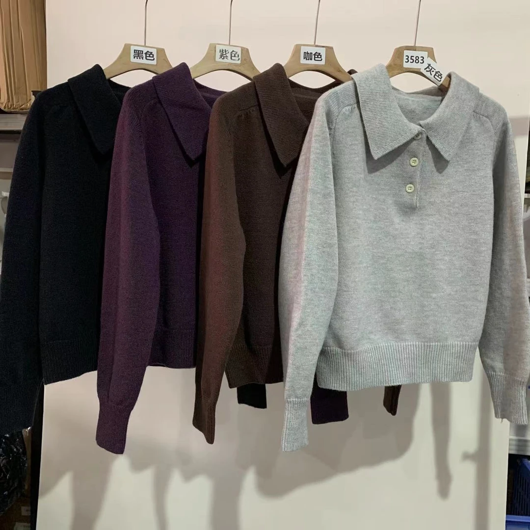 3583号秋冬翻领休闲排扣长袖毛衣