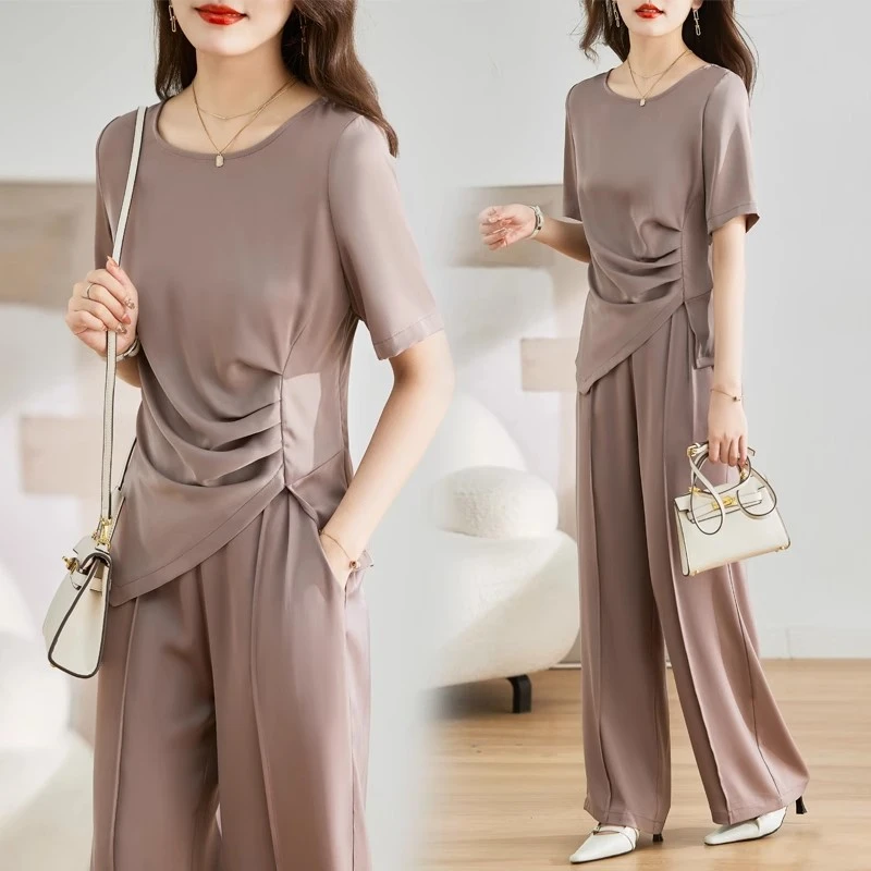 胖mm丝滑清凉垂坠感阔腿裤套装女2025夏季大码高端气质缎面两件套