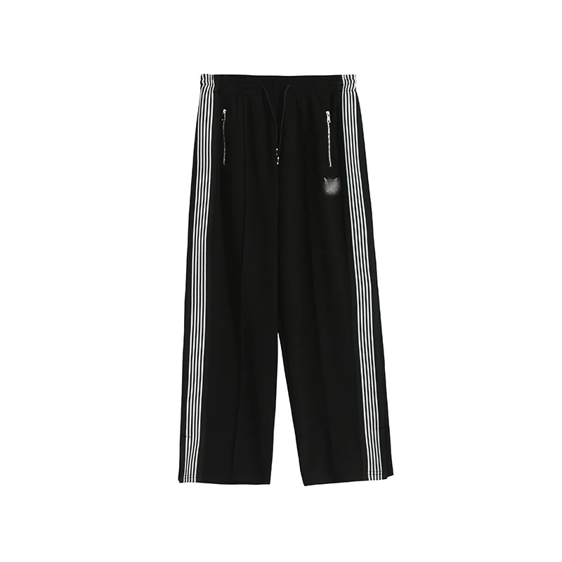 7228韩版休闲撞色条纹直筒裤 200斤高腰刺绣蝴蝶长裤显瘦