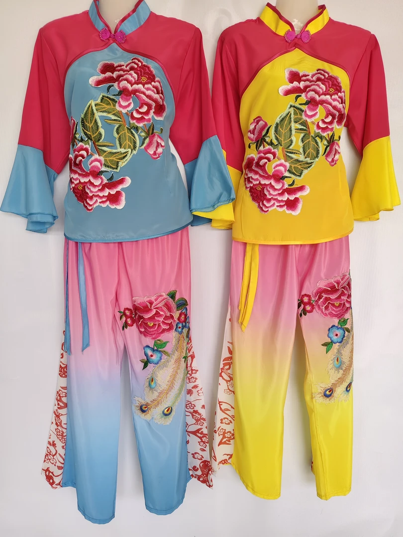 秧歌服喜庆演出服装过渡绣花牡丹套装