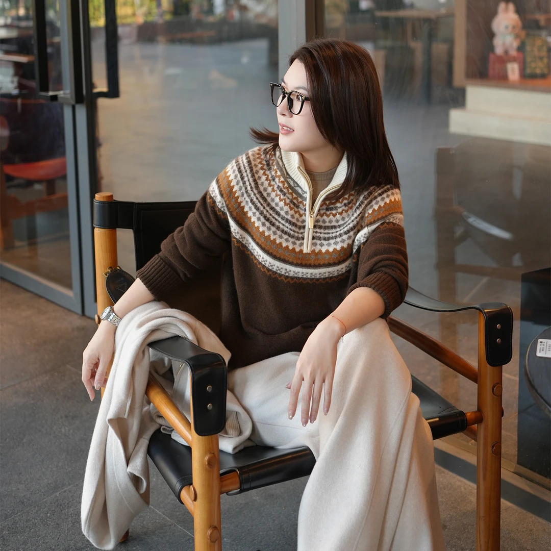 Manchenh"费尔岛织章"原纱2股16支牦牛绒混纺半拉链费尔岛毛衣