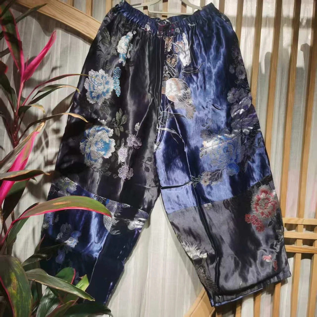 凤徕兮私人定制彩色缎面暗纹全松紧加棉拼色直筒裤(HK001-21)